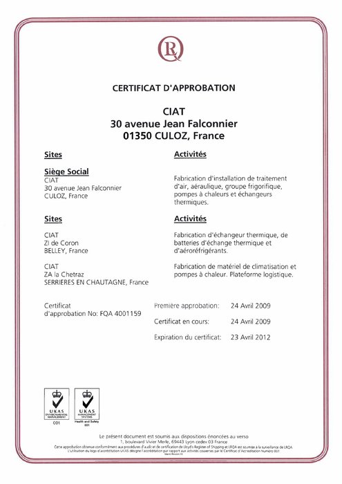 CIAT reçoit les certifications ISO 14001 et OHS 18001